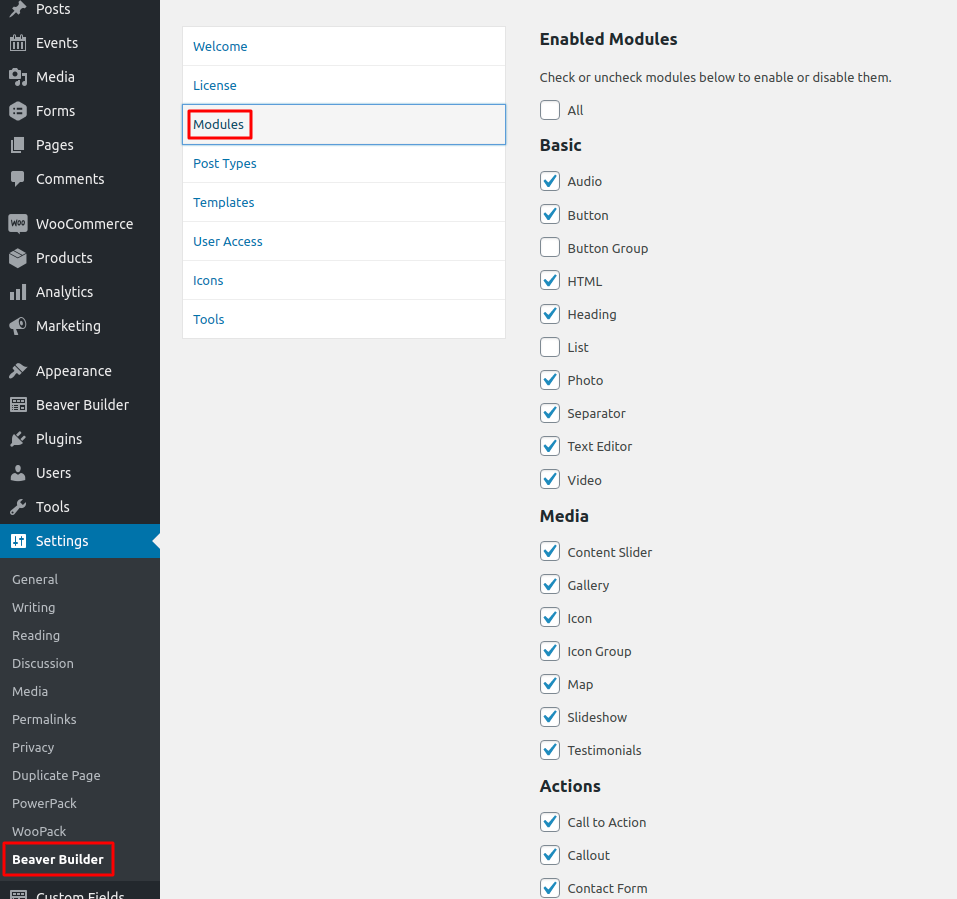 Check if Modules are active in Beaver Builder Settings