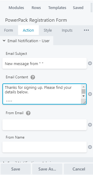 Registration form module : Action Tab