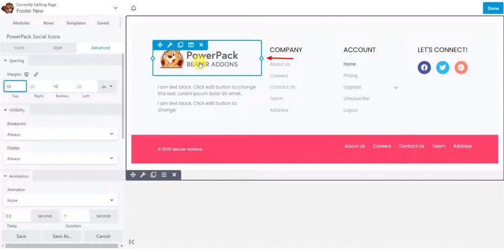 adding footer elements in Beaver Builder