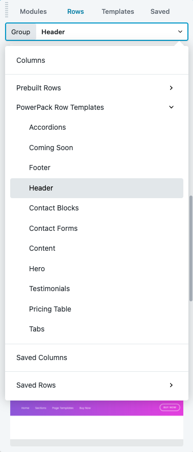 PowerPack Row Templates in the builder