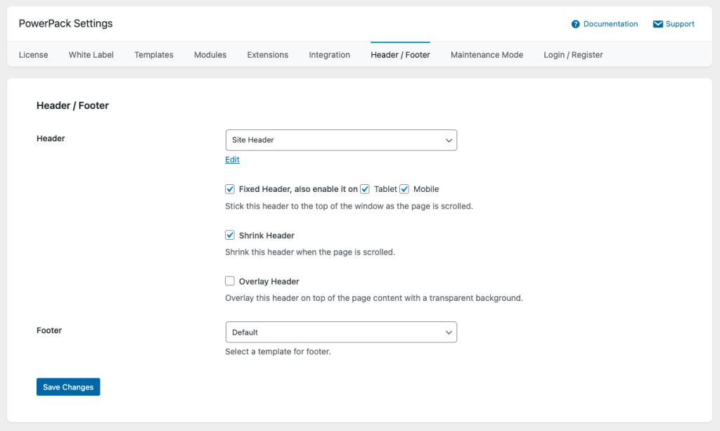 PowerPack Header-Footer Settings