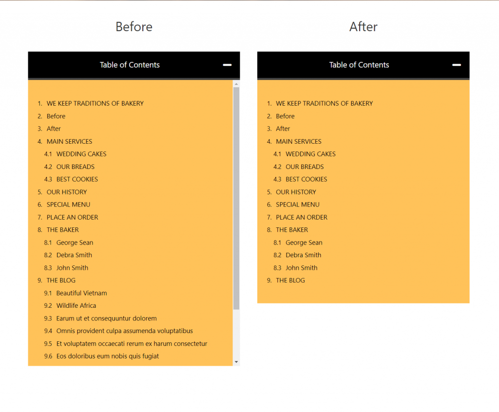 Before and After of Excluding Content Grid from Table of Contents using CSS Class