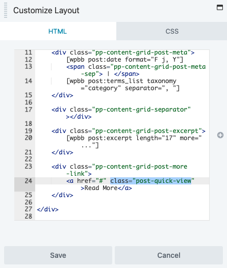 Add CSS class to the anchor tag in the custom layout of Content Grid