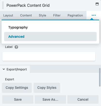 Content Grid Advanced tab