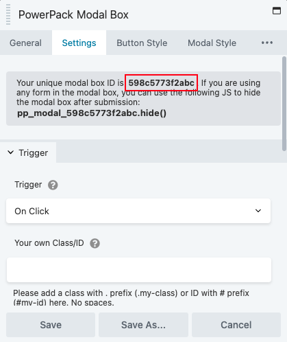 PowerPack Modal Box settings