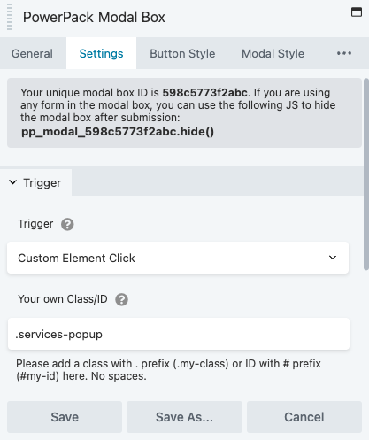 PowerPack Modal Box - Custom Element Click