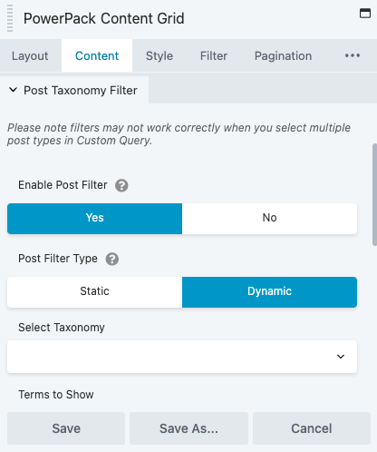 Content Grid - taxonomy filters settings