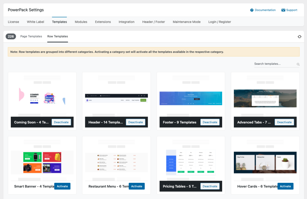 PowerPack Row templates in backend